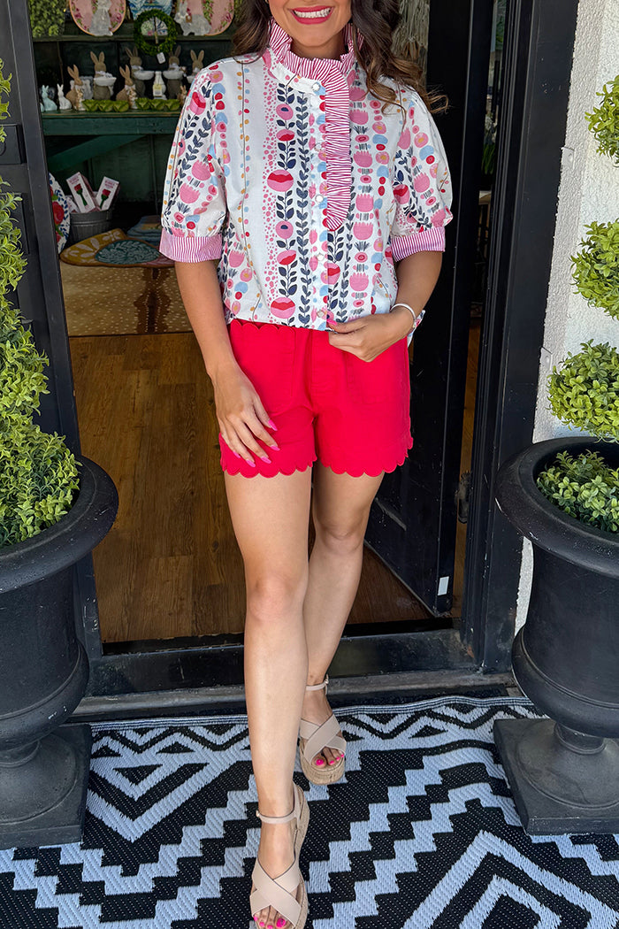 Ruffled Neck Floral Top