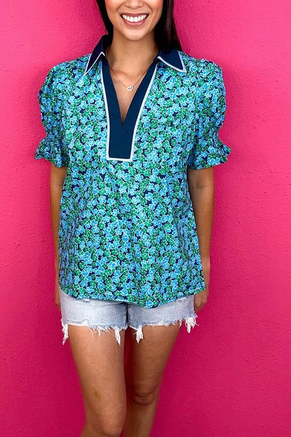 V-Neck Puff Sleeved Floral Top