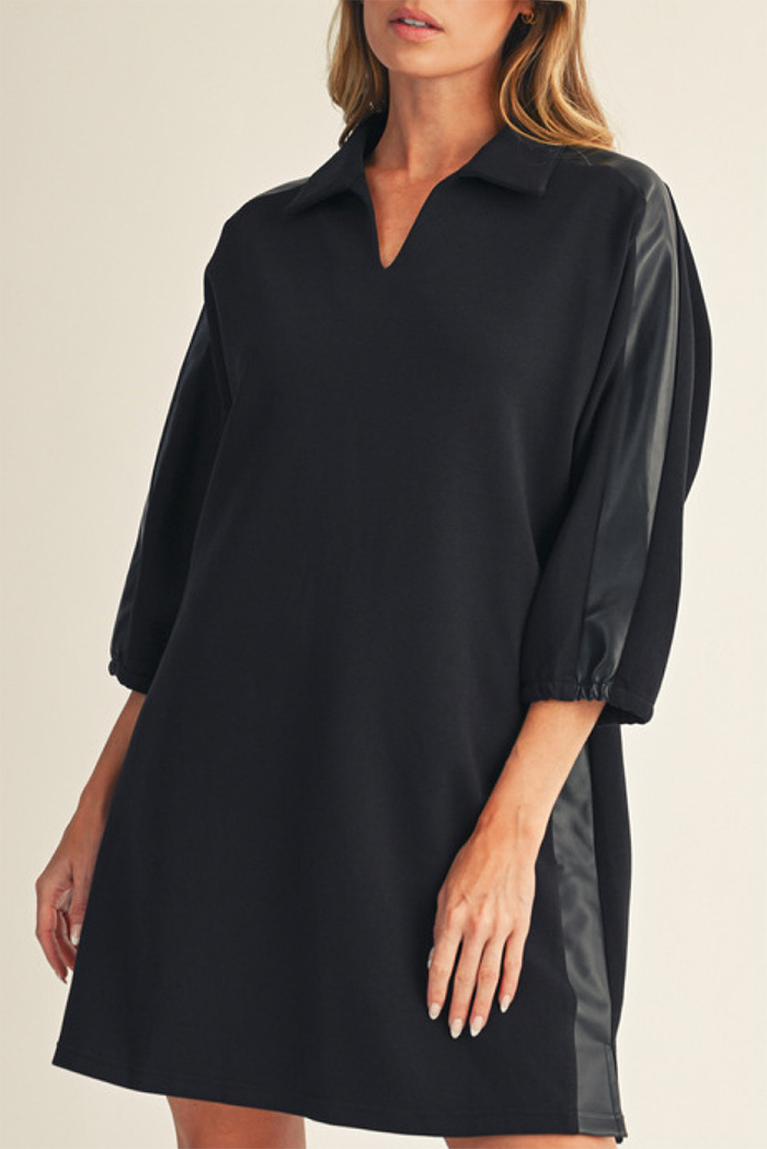 Leather Trimmed Pockets Collared Dress