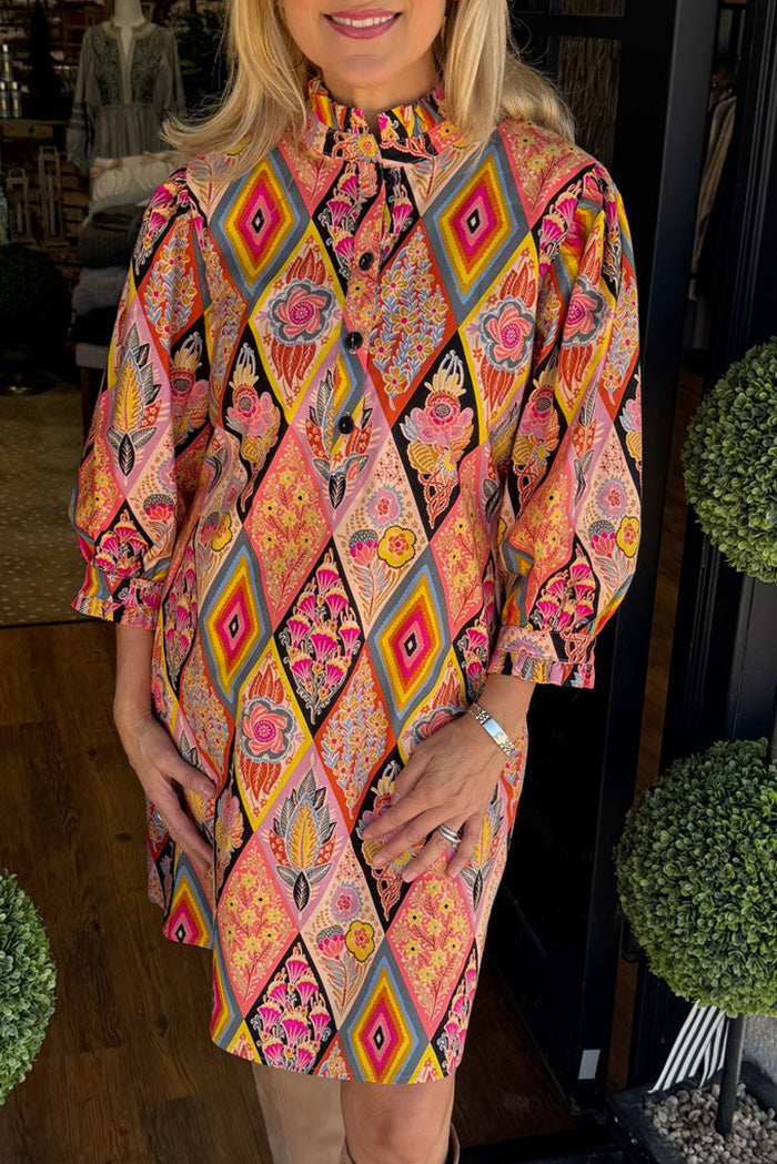 Ruffle Neck Rhombus Print Puff Sleeve Dress