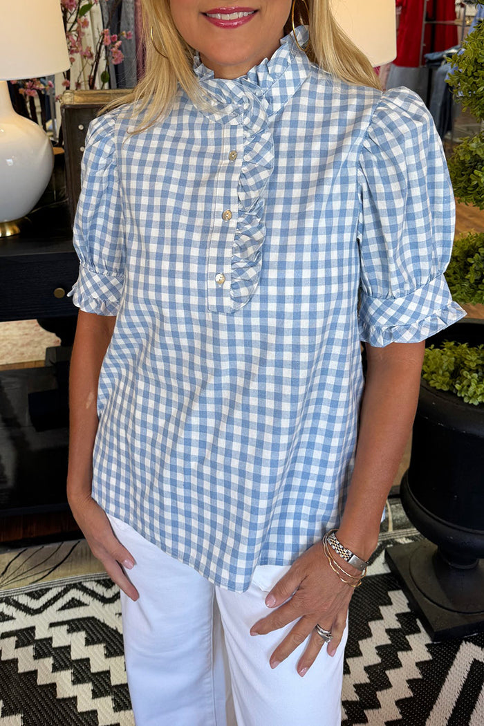 Gingham Ruffled Puff Sleeve Top