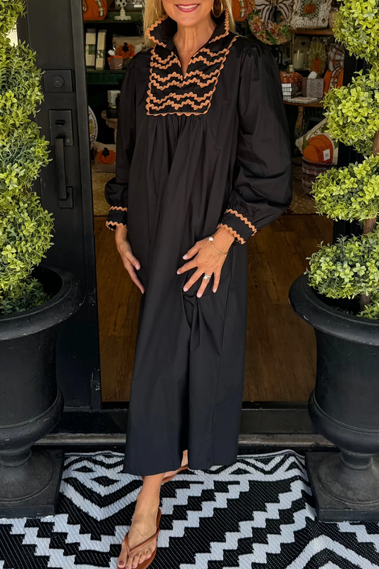 Black Orange Squiggle Accent Long Balloon Sleeve Maxi Dress