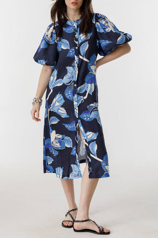 Floral Puff Sleeve Button Dress