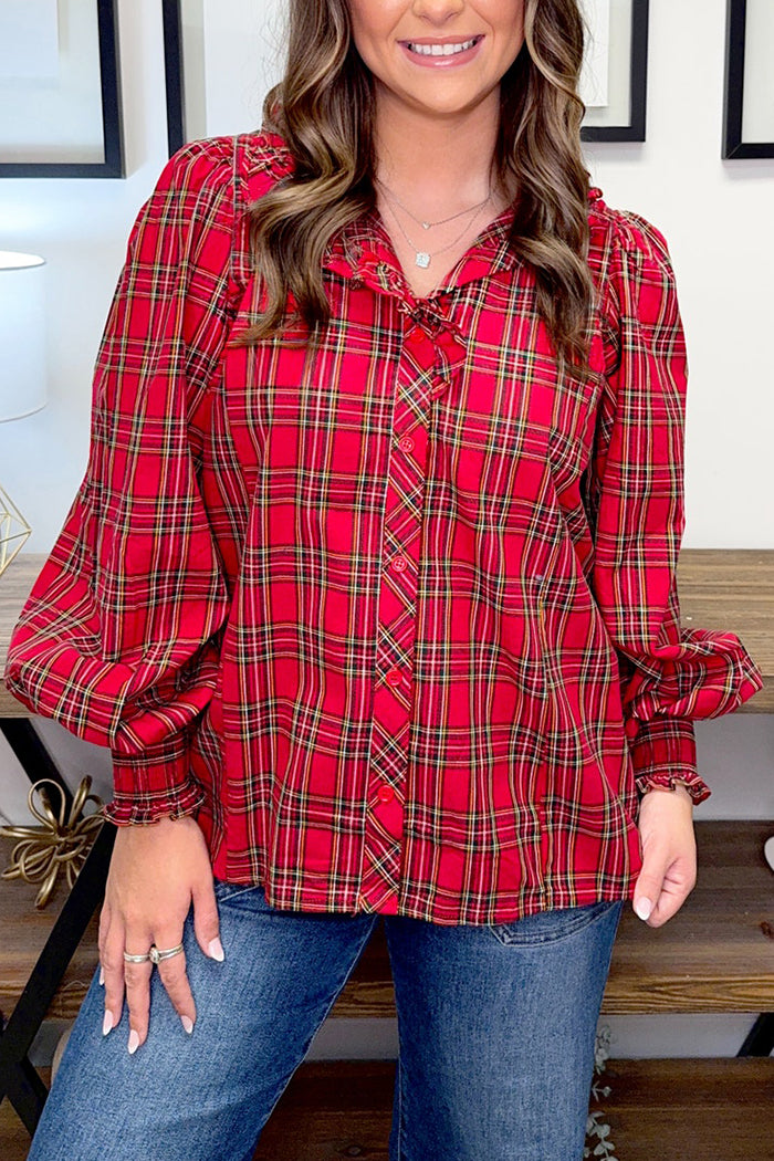 Ruffled Plaid Button-Front Top