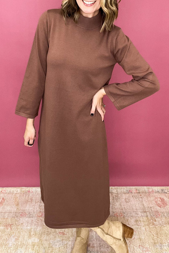 Solid Mock Neck Long Sleeve Midi Dress