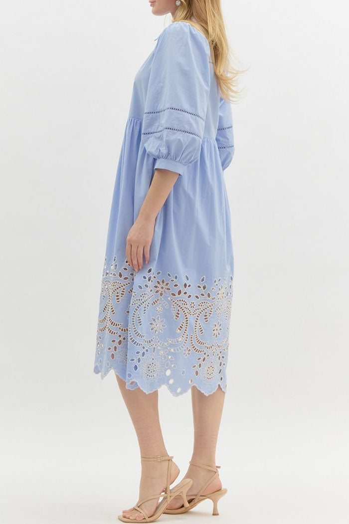 Puff Sleeve Hollow Embroidered Pocket Dress