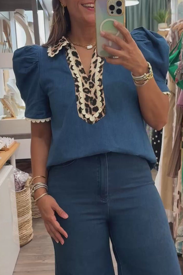 Denim Leopard Scalloped Trim Puff Sleeve Top