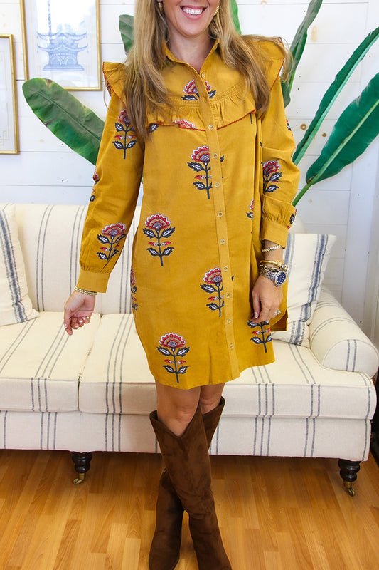 Casual Ruffled Yoke Shirtdress