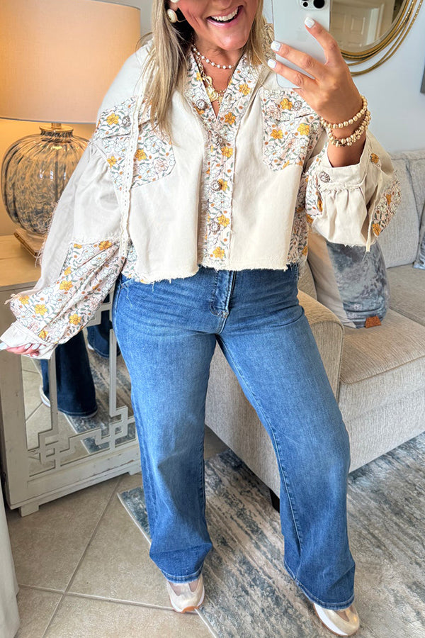 Casual Floral Patchwork Pocket Top