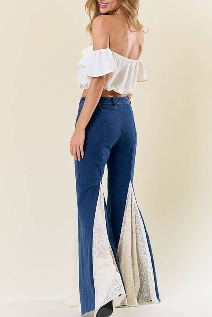 Lace Insert Panel Bell Bottom Stretch Jeans