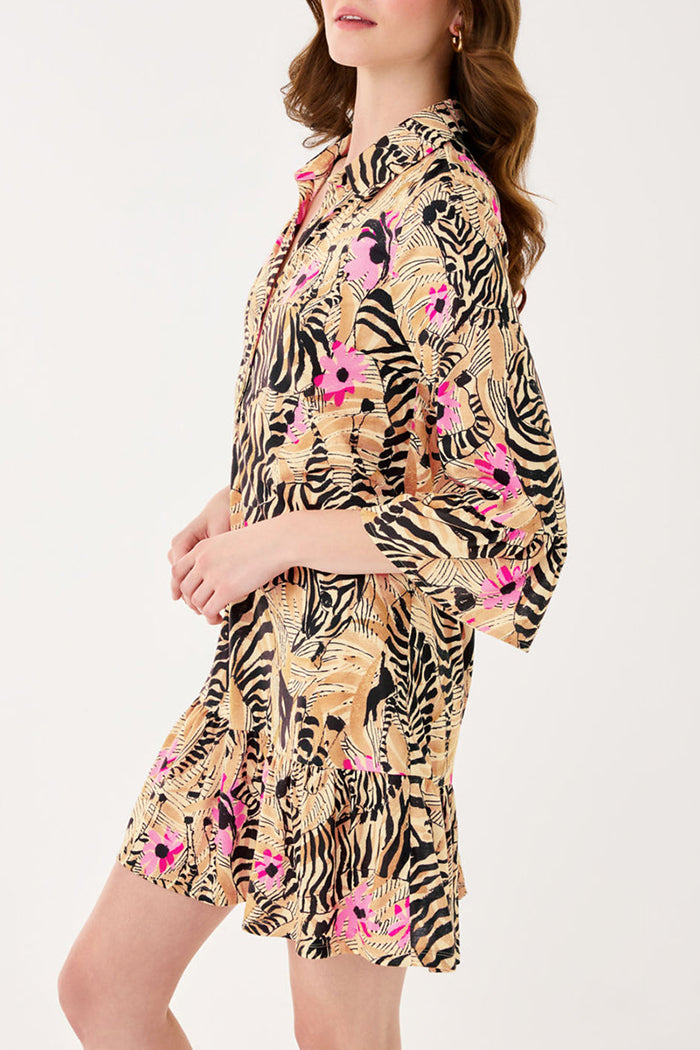 Zebra-Print Floral Shirt Pocket Dress
