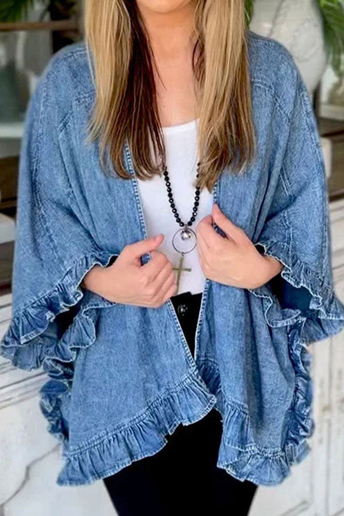 Ruffled 3/4 Sleeve Denim Jacket
