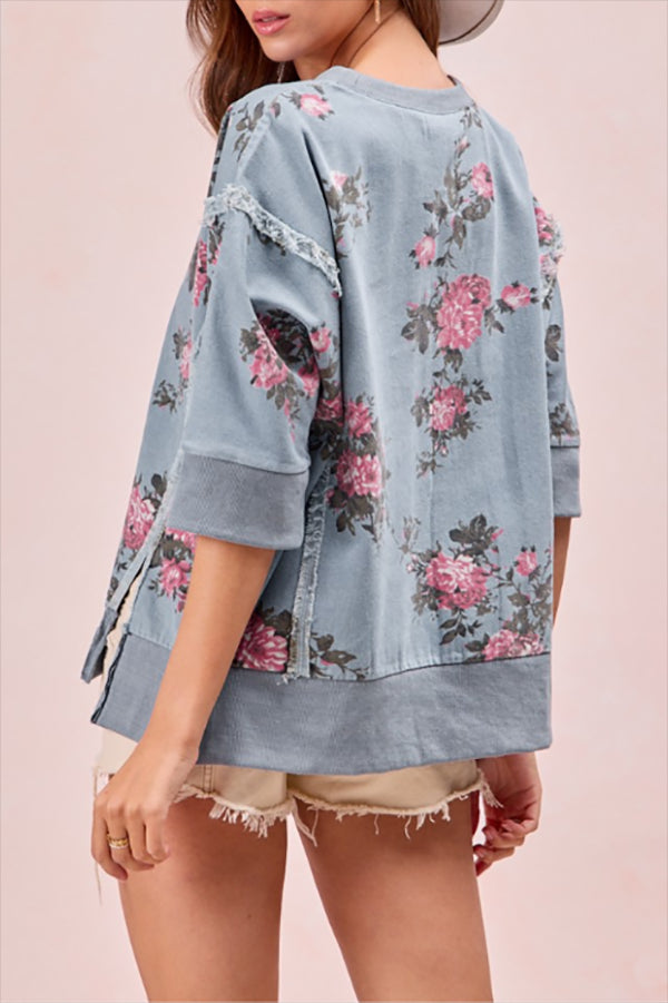 Casual Denim Floral Top