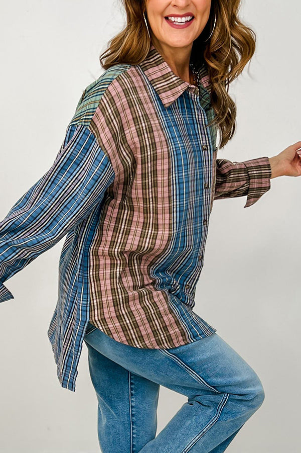 Patchwork Plaid Button-Up Top