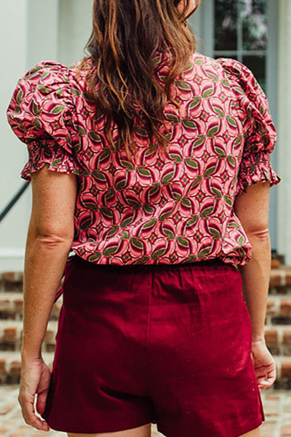 Abstract Print Ruffle Sleeve Top