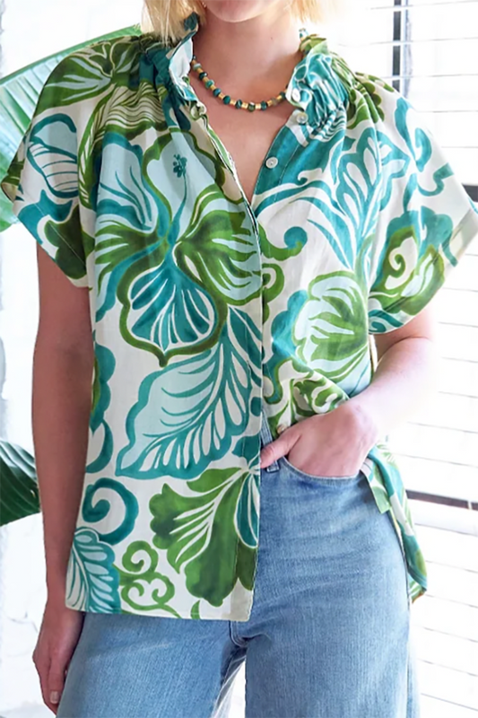Tropical Print Ruffled Button Top