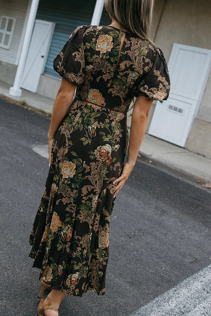 V-Neck Puff Sleeve Midi Dress