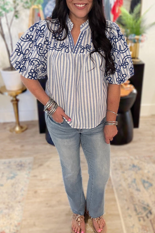 Striped Ruffle Collar Bubble Sleeve Top