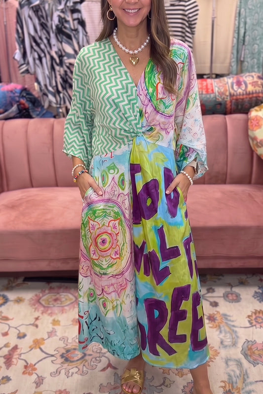 Bold Free Slogan Mixed Print Maxi Dress