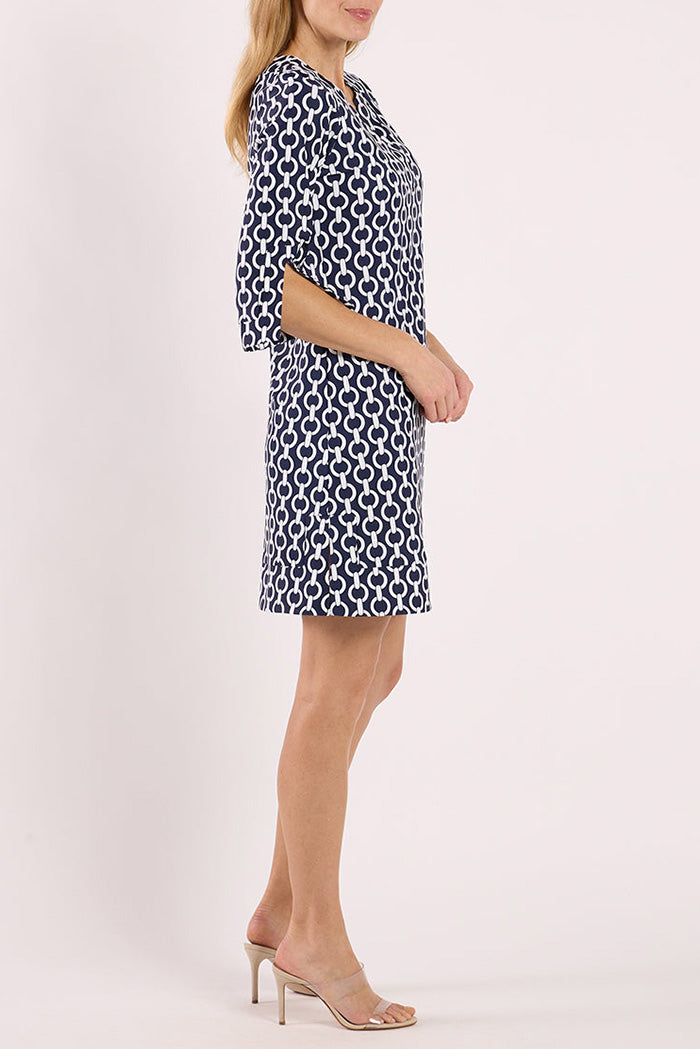 Navy Split Sleeve Printed Shift Dress