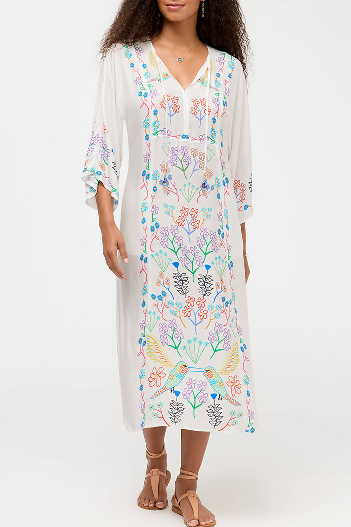 Pastel Floral Bird Bell Sleeve Side Slit Kaftan Dress