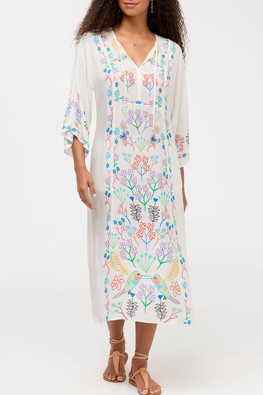 Pastel Floral Bird Bell Sleeve Side Slit Kaftan Dress