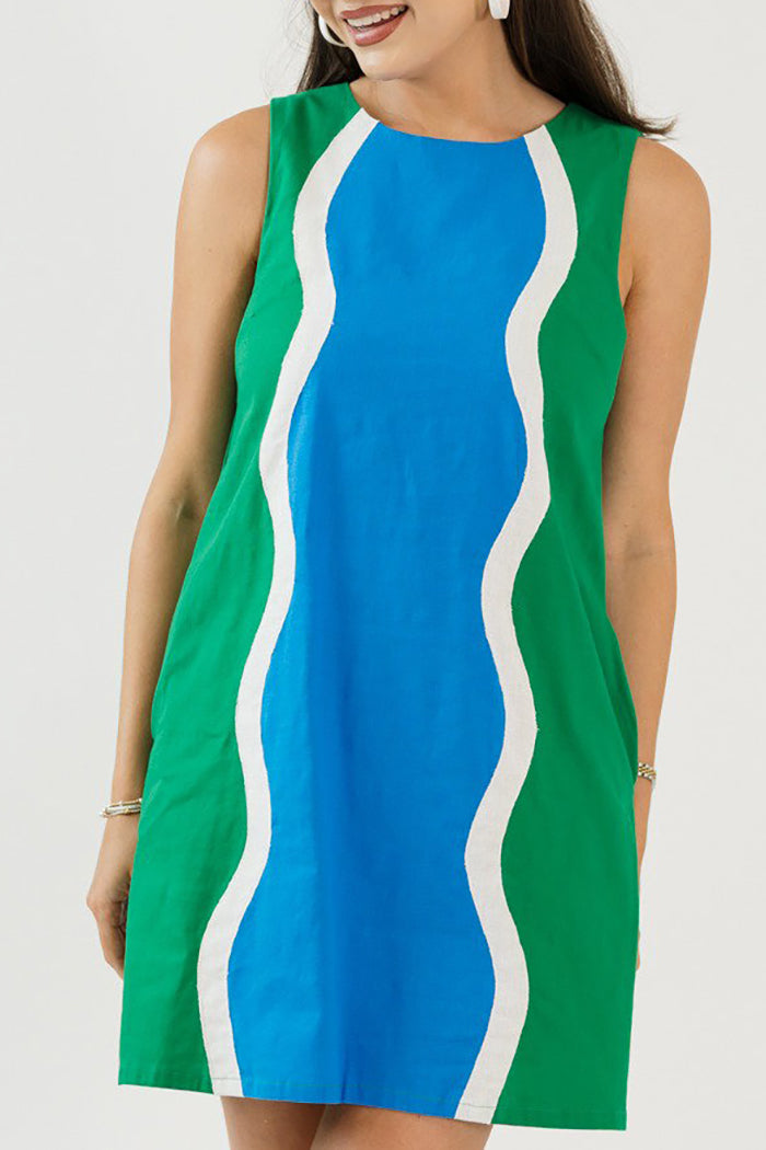 Wavy Contrast Color Block Sleeveless Pocket Dress