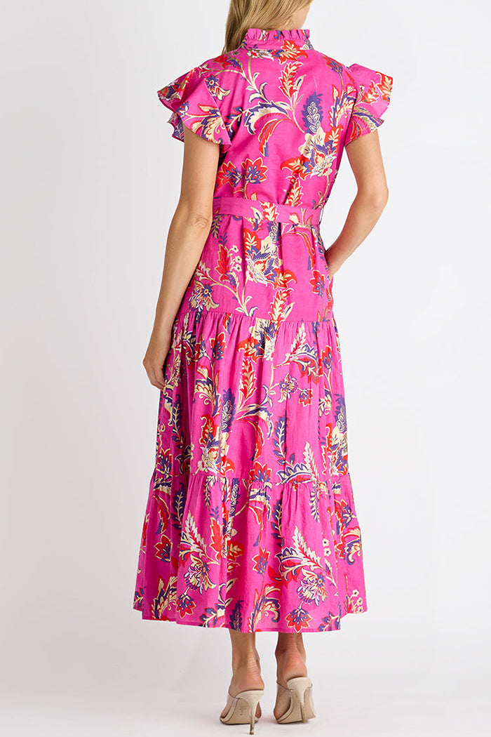 Feathered Floral Flutter Sleeve Tiered Maxi Dress