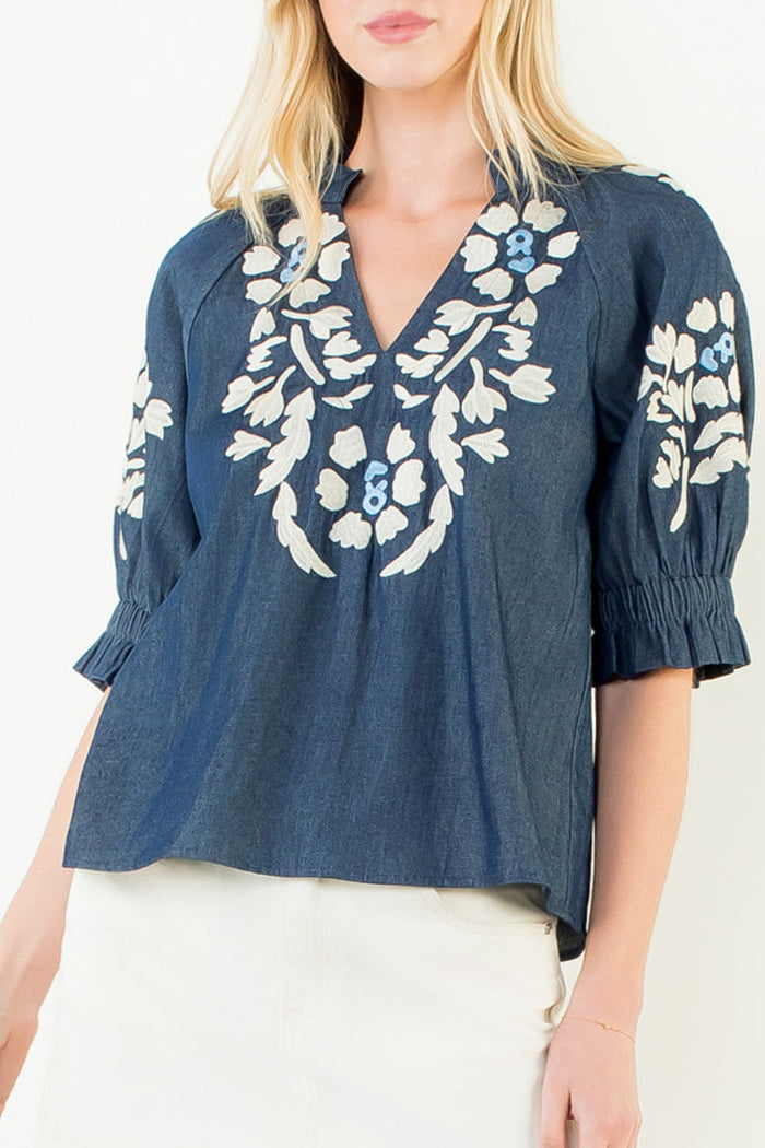 Puff Sleeve Floral Embroidery Top