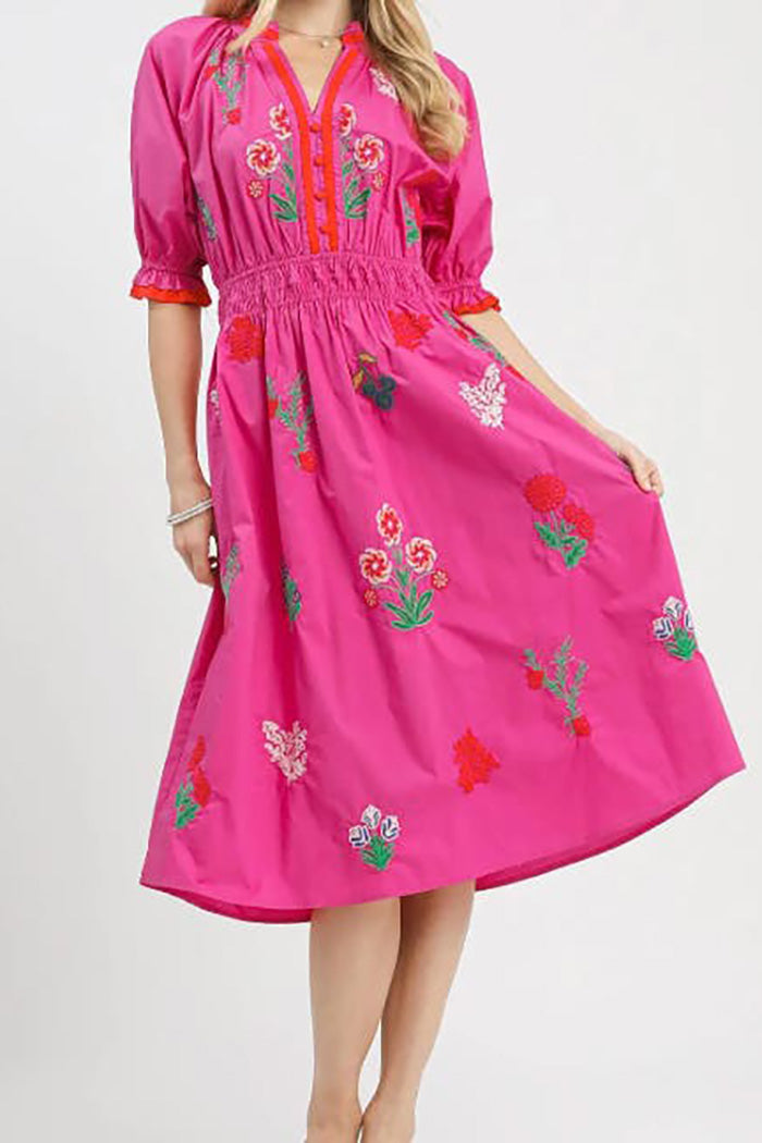Embroidered Puff Sleeve Dress