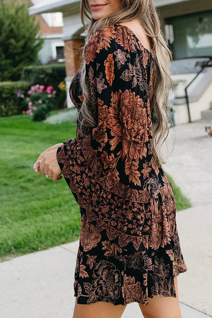 V-Neck Retro Print Flare Dress