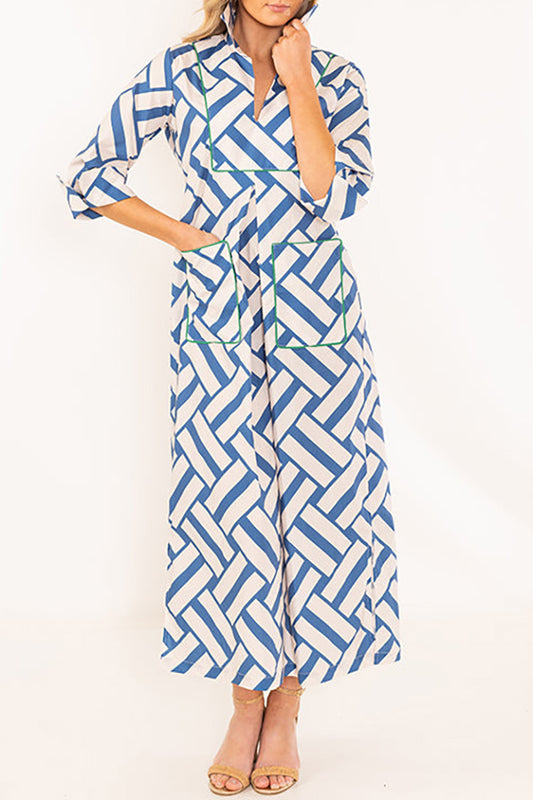 Basket Weave Print Patch Pocket Long Dress