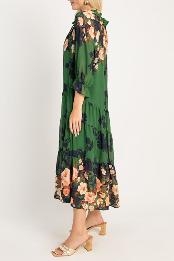 Elasticized Ruffle Collar Floral Dress