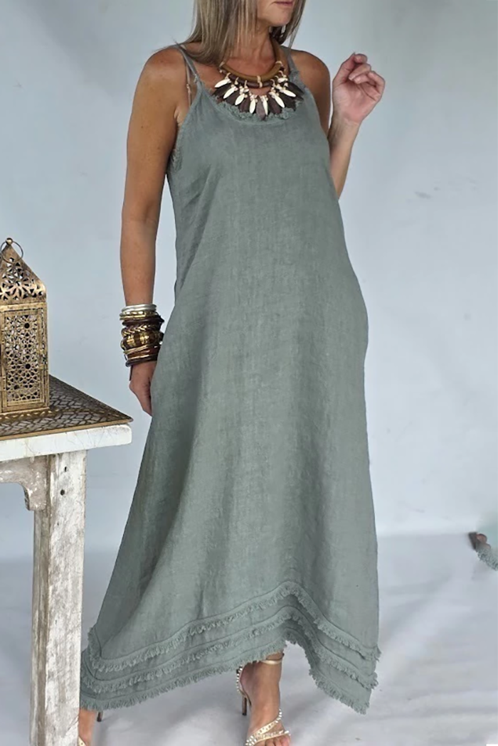 Fringe Neck Hem Pocket Maxi Dress