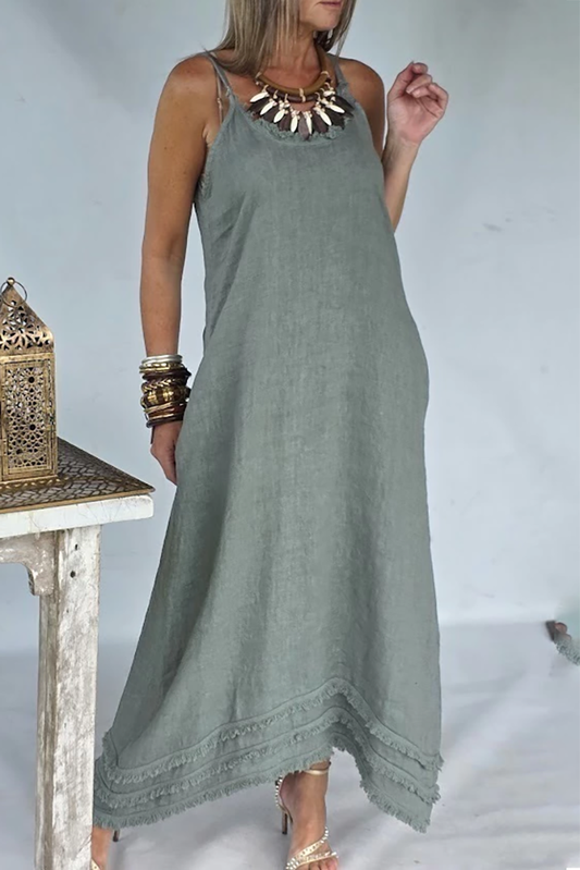 Fringe Neck Hem Pocket Maxi Dress