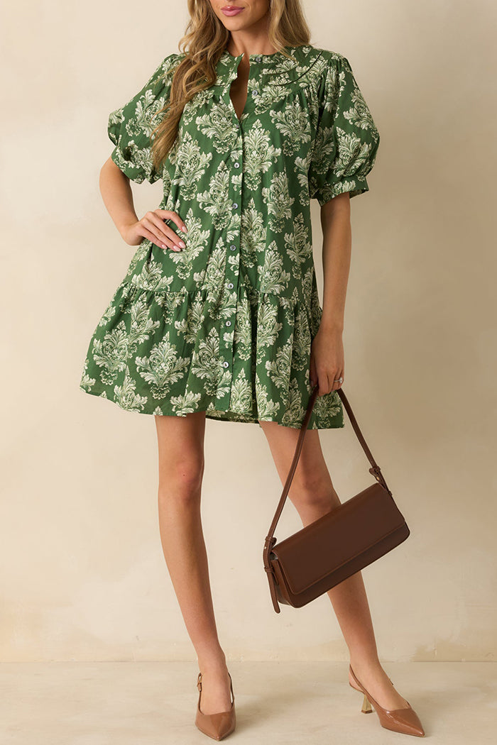 Print Puff Sleeves Pocket Mini Dress