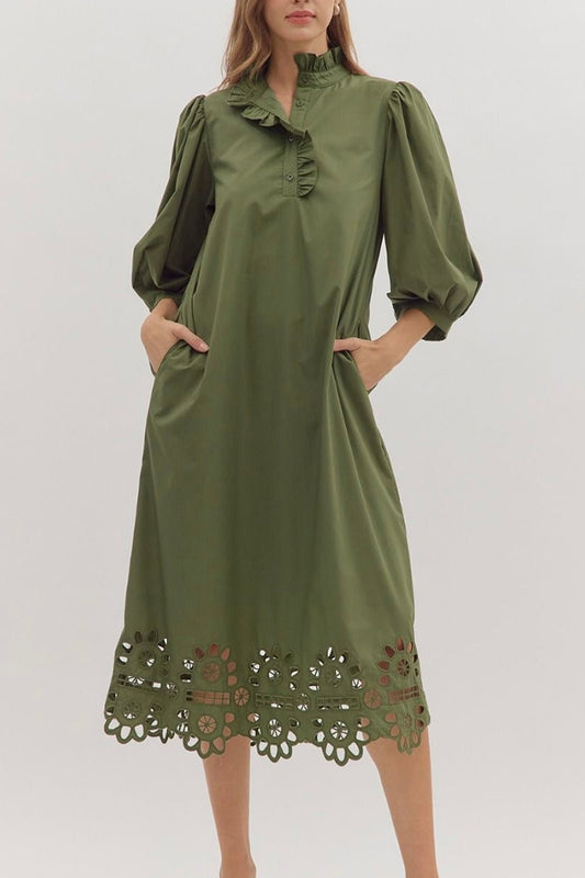 3/4 Puff Sleeve Scallop Hem Pocket Midi Dress