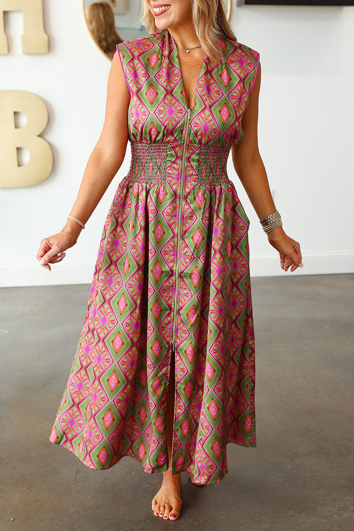 Zip Front Smocked Dress