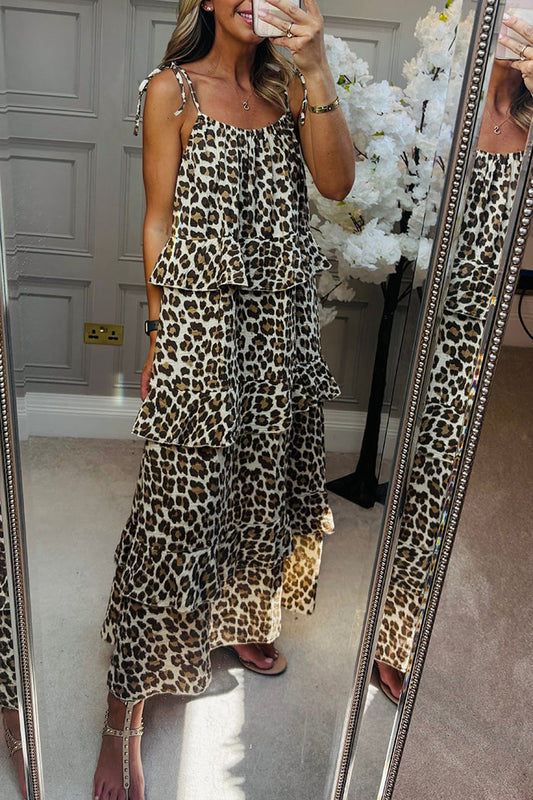Leopard Print Tie Ttraps Ruffles Dress