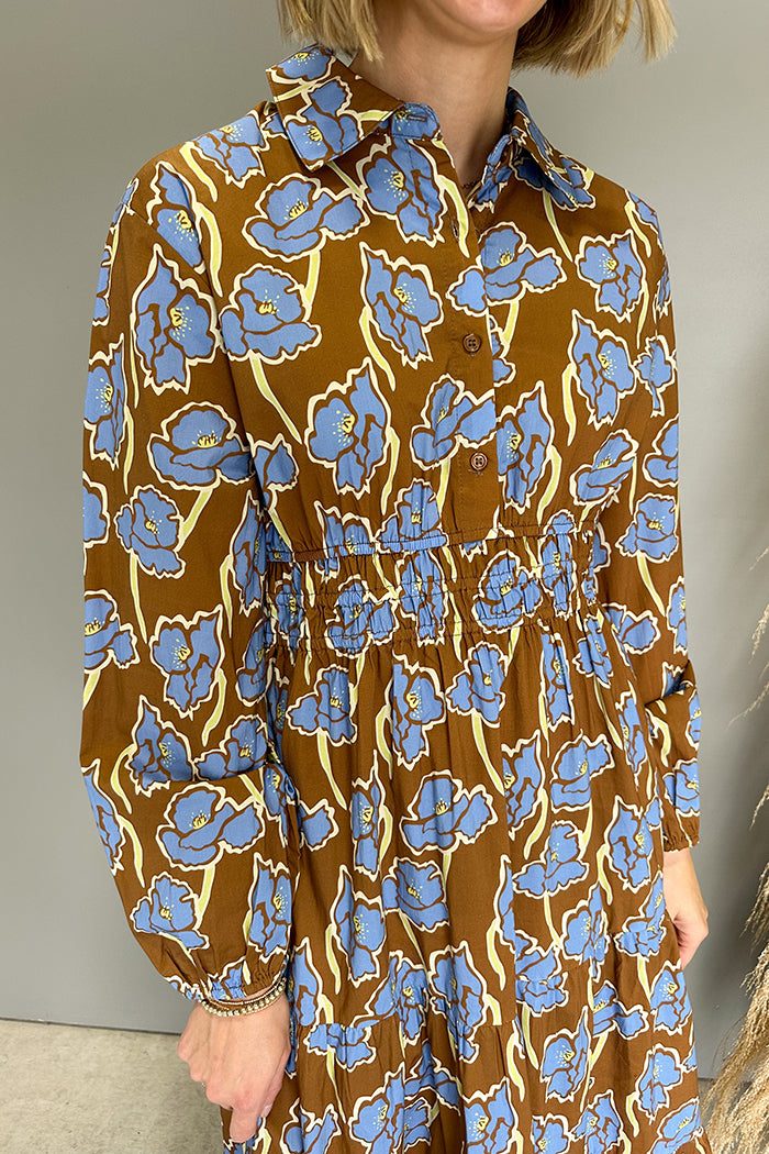Retro Brown-Blue Floral Shirt Collar Maxi Dress