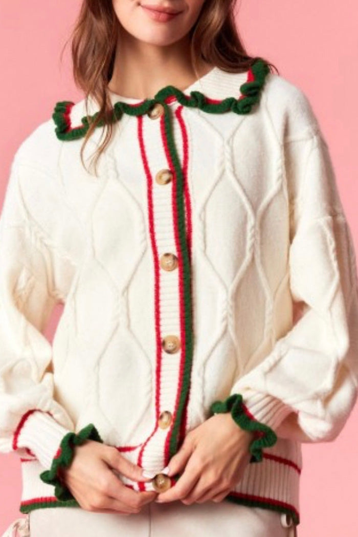 Button front Ruffle Cable Knit Cardigan