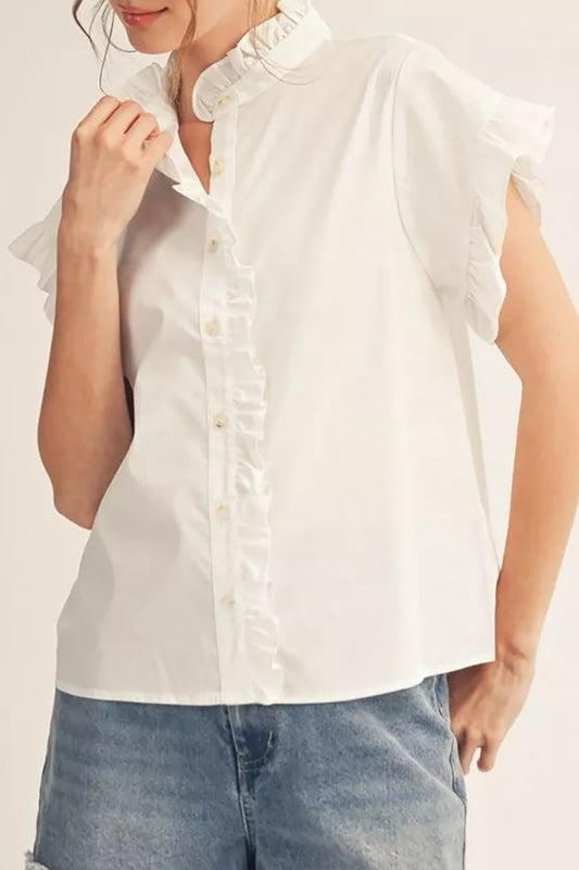 White Ruffle Button Up Top
