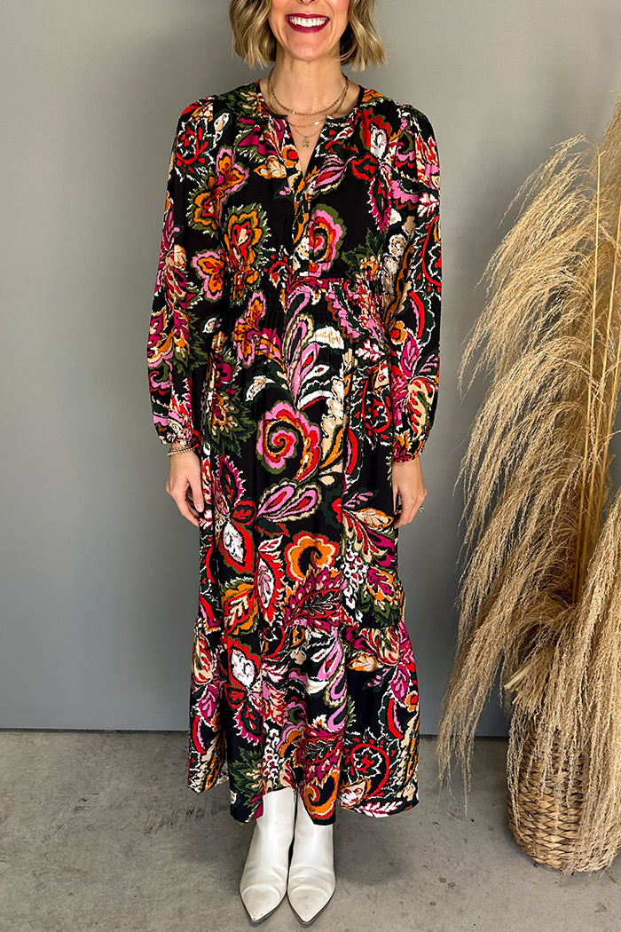 Floral Patterrn Pocket Button Maxi Dress