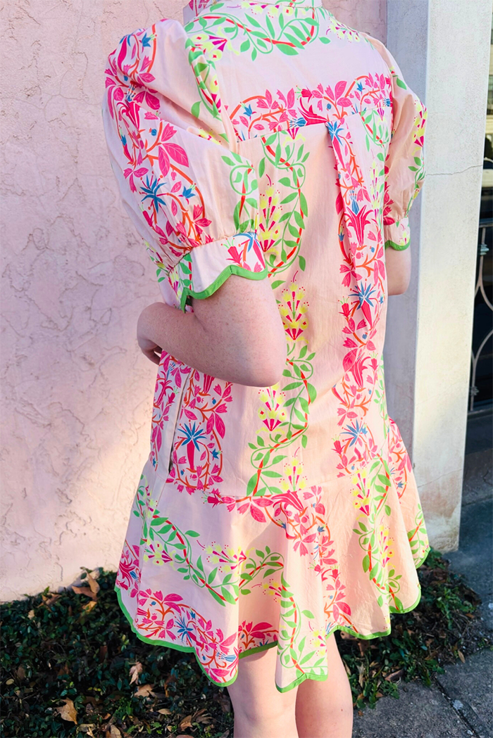 Vine Print Pocket Scallop Hem Dress