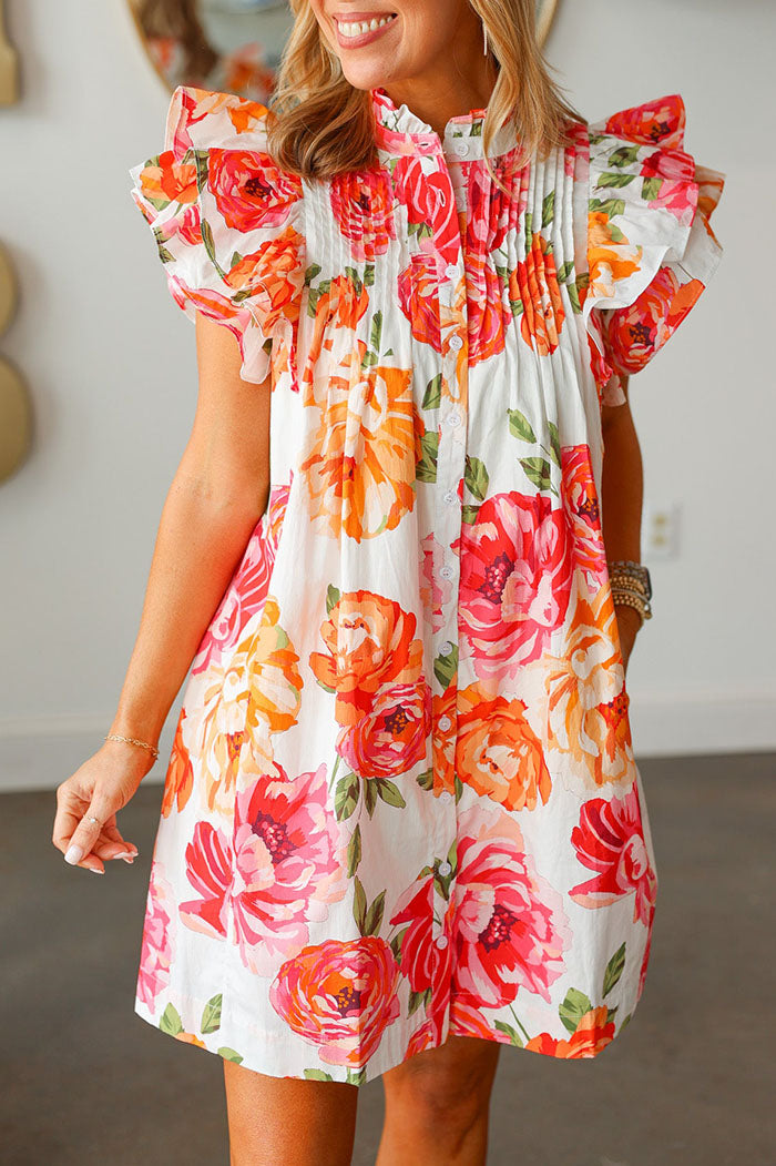 Floral Pintuck Ruffle Sleeve Pocket Dress