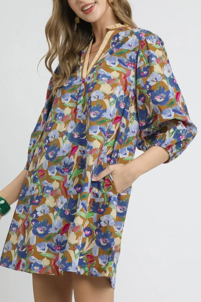 Boho Floral Balloon Sleeve Dress