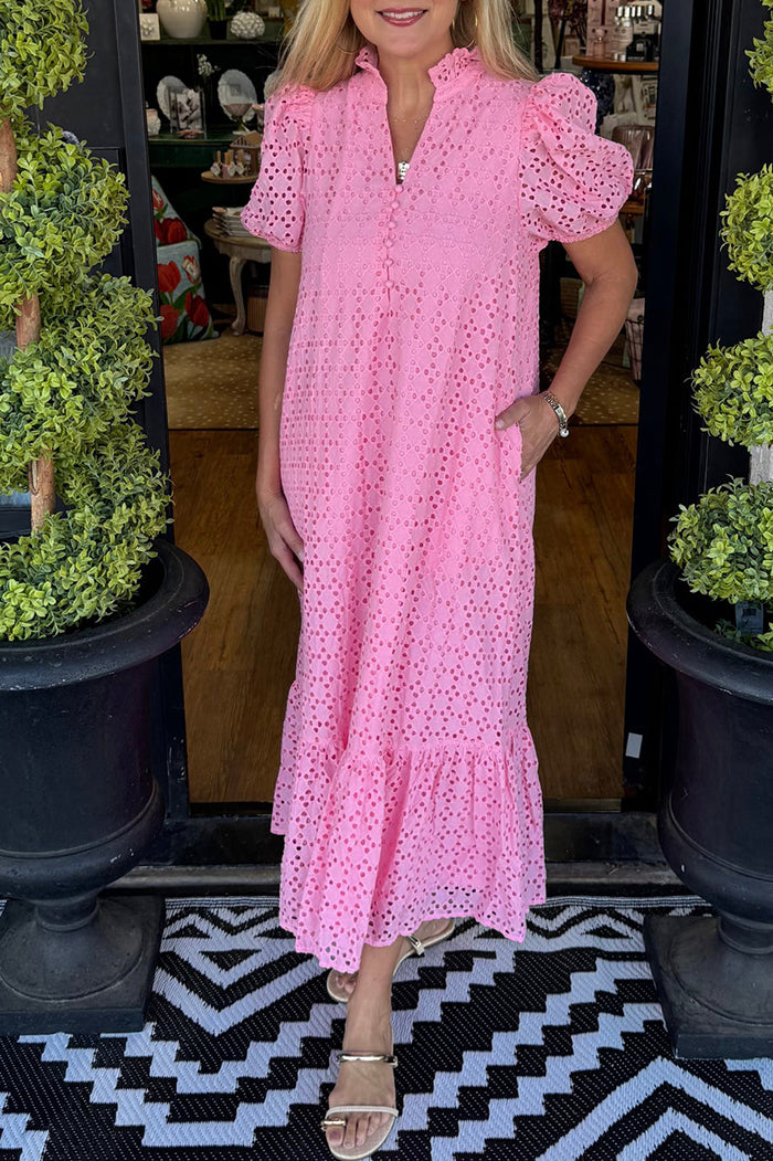 Ruffle Hem Eyelet Puff Sleeve Pocket Maxi Dress