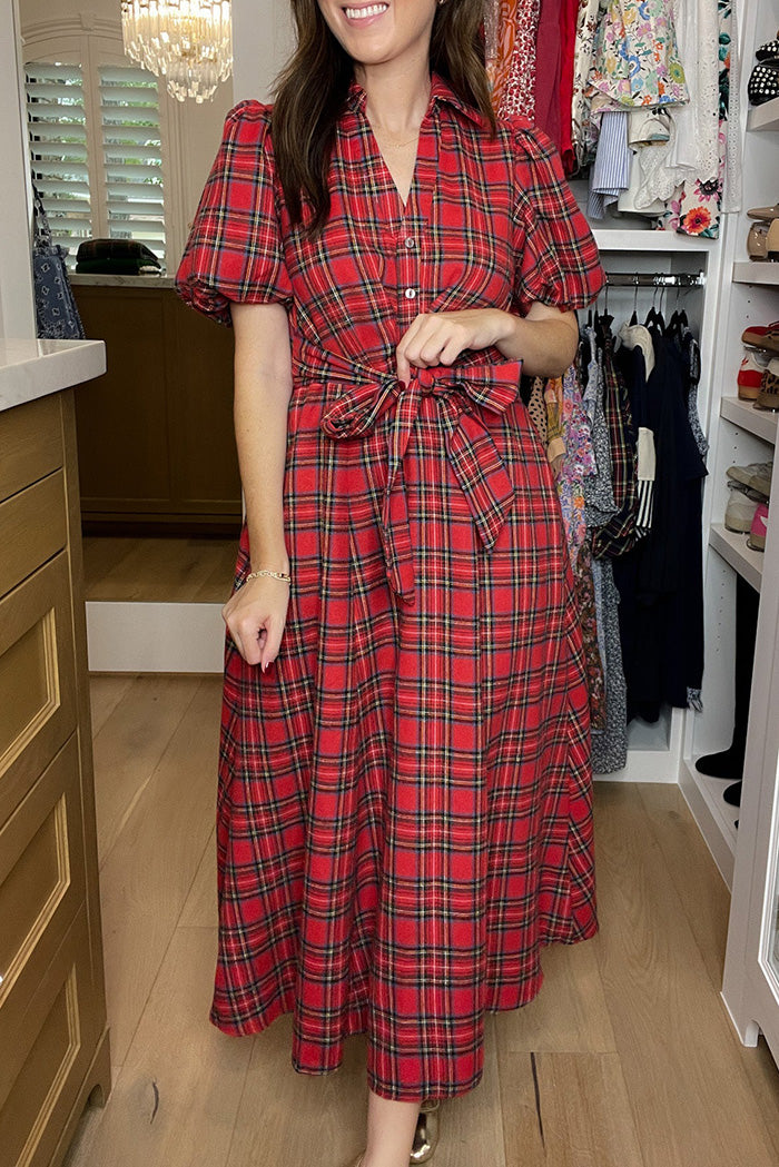 Pocketed Tie Waist Plaid Puff Sleeve Midi Dress