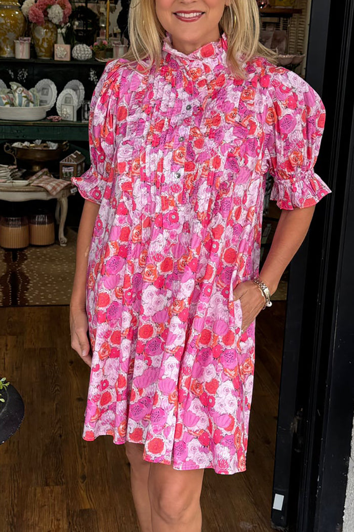 Pink Floral Puff Sleeve Pocket Dress