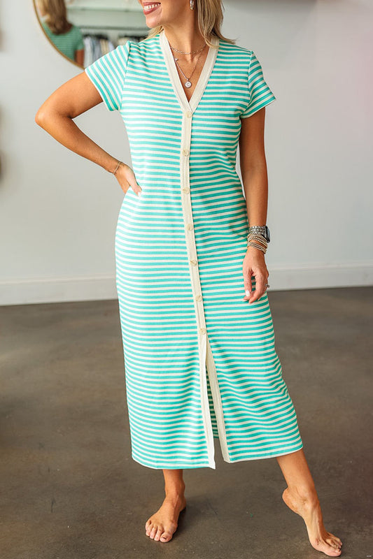 V-Neck Striped Button Dress
